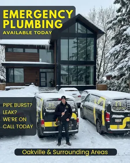 Emergency plumbing service in Oakville Ontario with 24 hour response trucks ready for burst pipe repair