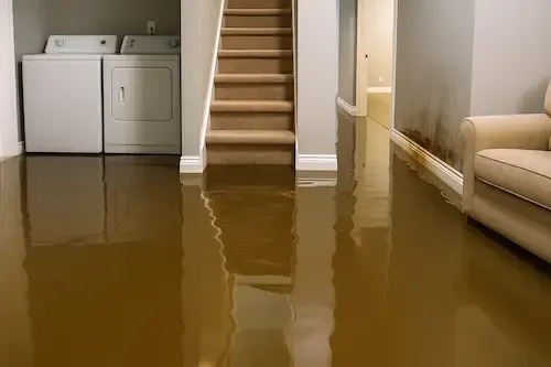 Flooded residential basement with brown murky water covering the floor, partially submerging a washe