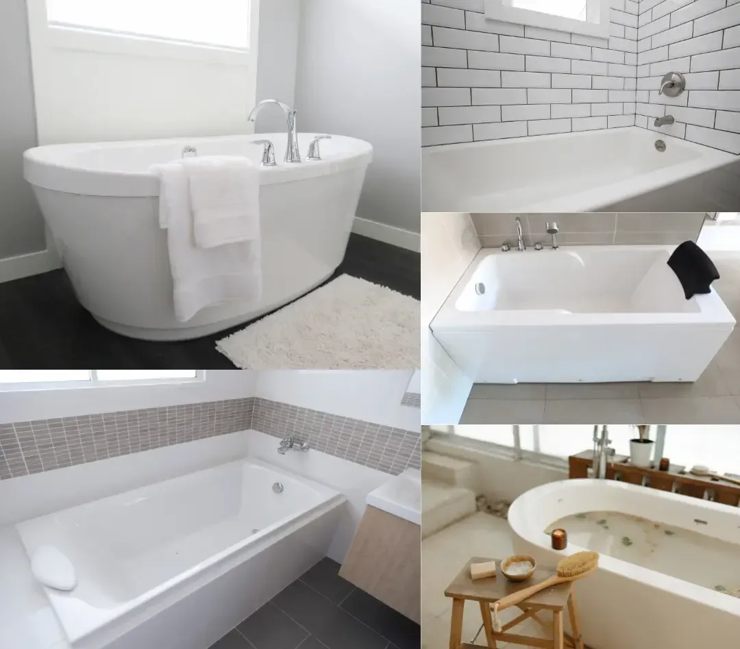 Different styles of bathtubs including freestanding tub, corner bathtub, drop-in tub, alcove bathtub, and whirlpool tub – bathtub installation and repair services in Oakville by 17 Plumbing & Construction Design Ltd.