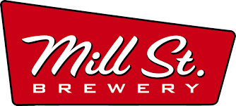 Mill St. Brewery logo: White text on a red background, in a slanted rectangular shape.