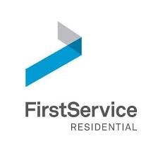 Logo for FirstService Residential with a blue and gray upward-pointing arrow and gray text.