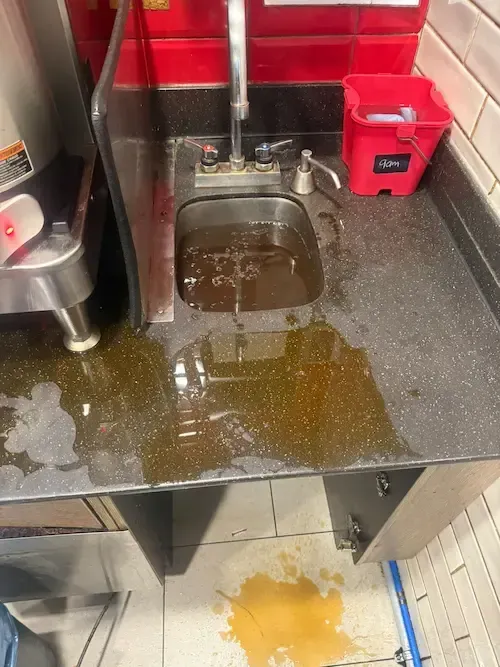 commercial handwash sink backing up with dirty water in Oakville requiring emergency plumber Oakville drain cleaning