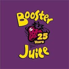 Booster Juice logo: Yellow text on purple background with a strawberry and the words