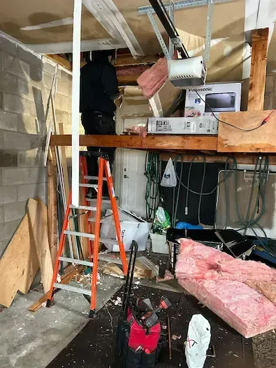 Leak investigation performed by an Oakville plumber showing ceiling and structural damage caused by a burst pipe during extreme cold weather.