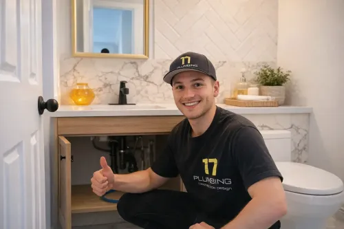 17 Plumbing Oakville cartoon plumber mascot fixing leaking sink emergency service icon