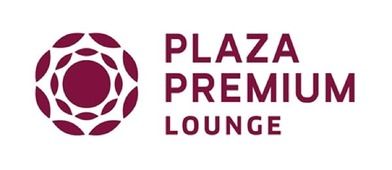 Plaza Premium Lounge logo: burgundy geometric emblem and text on a white background.