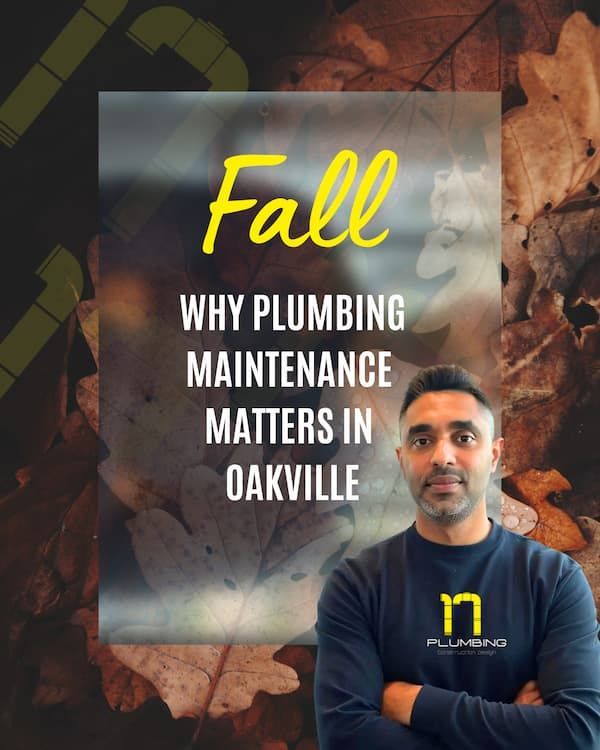 Oakville plumber standing in front of fall leaves background with text overlay: Fall – Why Plumbing 