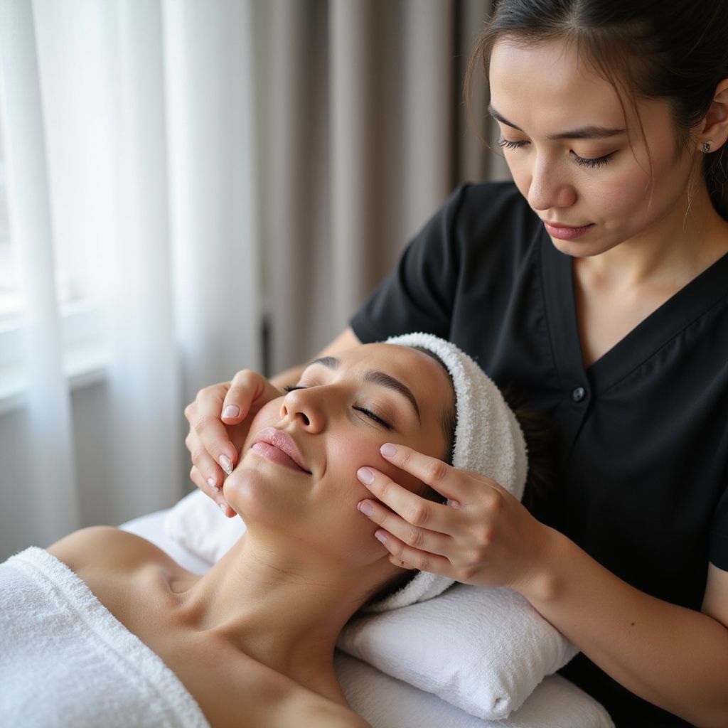Donna che si sottopone a un trattamento per il viso in una spa; la terapista le massaggia il viso; espressione rilassata; asciugamani bianchi, ambiente interno.