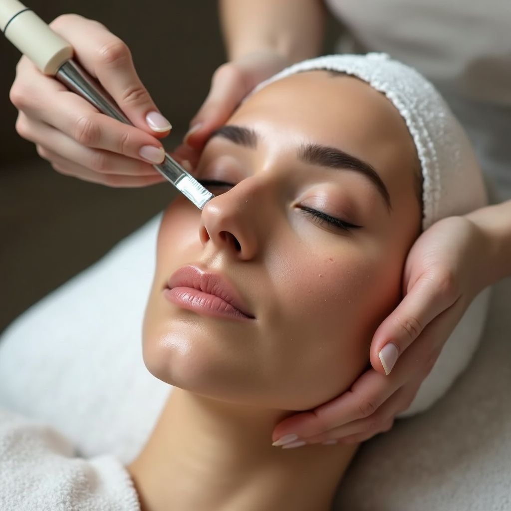 Donna che riceve un trattamento viso, occhi chiusi, mani che toccano delicatamente il viso, pennello applicato sul naso in un ambiente spa.