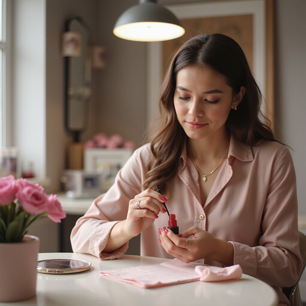 Donna con camicia rosa che si mette il rossetto a un tavolo. Si vedono delle rose e una finestra.