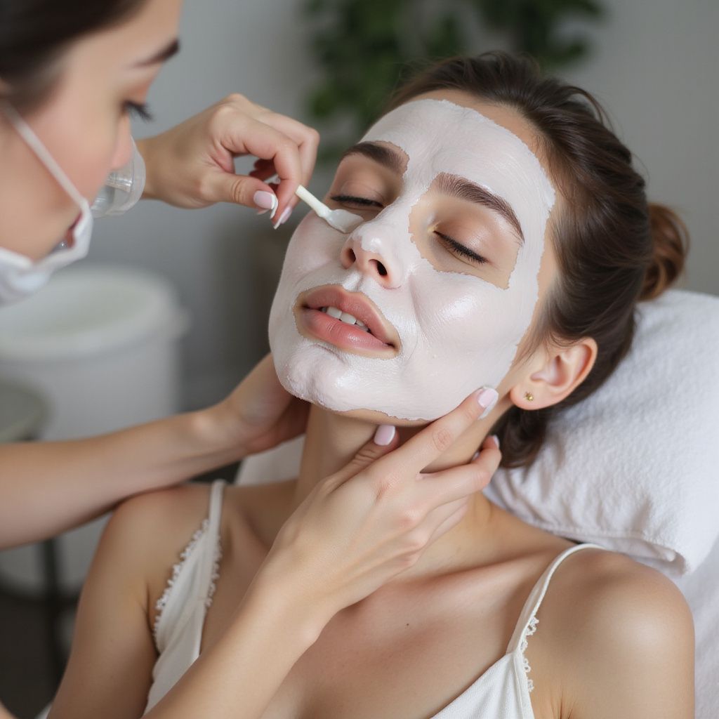 Donna che riceve una maschera facciale in una spa, l'estetista la applica con un tampone.