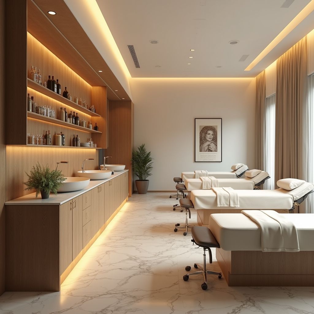 Sala trattamenti spa con diversi lettini per massaggi, mobili in legno e luci calde.