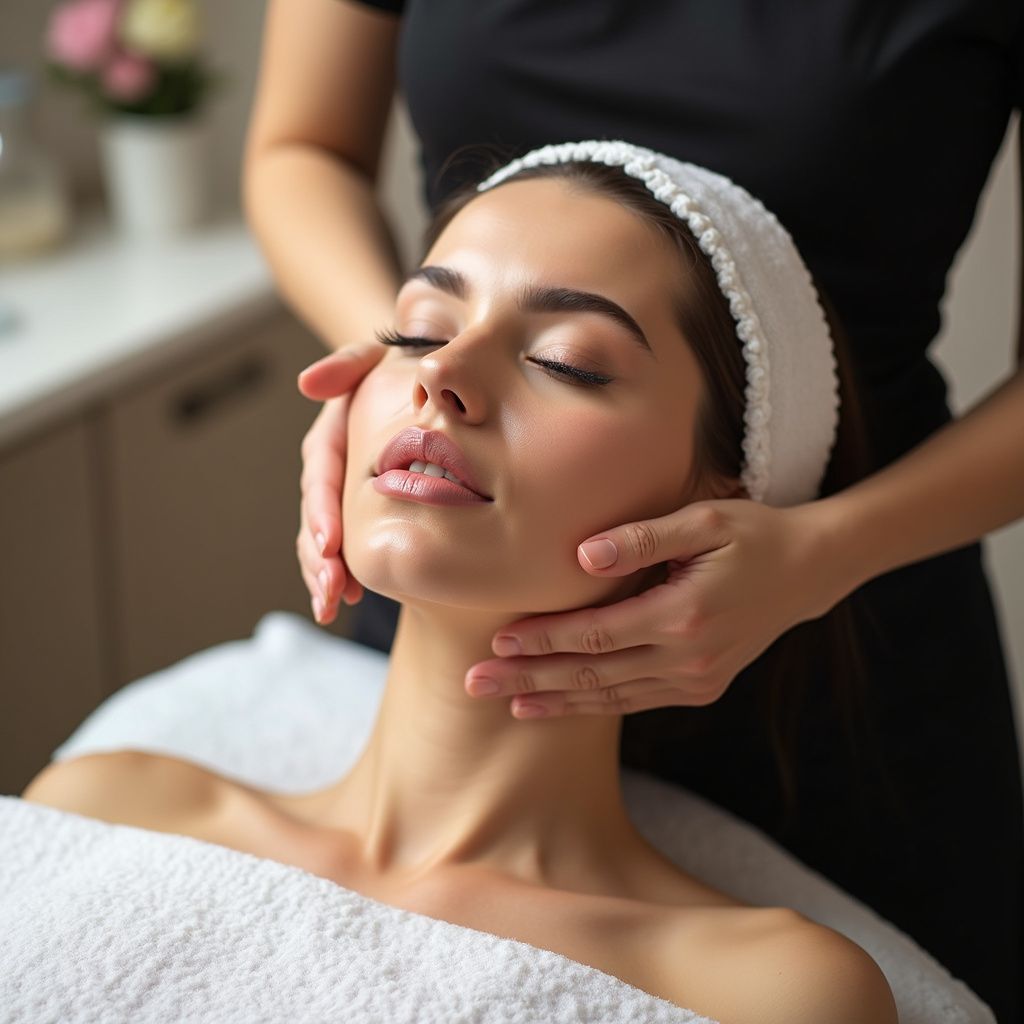 Donna che si sottopone a un trattamento viso. Ha gli occhi chiusi mentre un terapista le tocca delicatamente il viso.