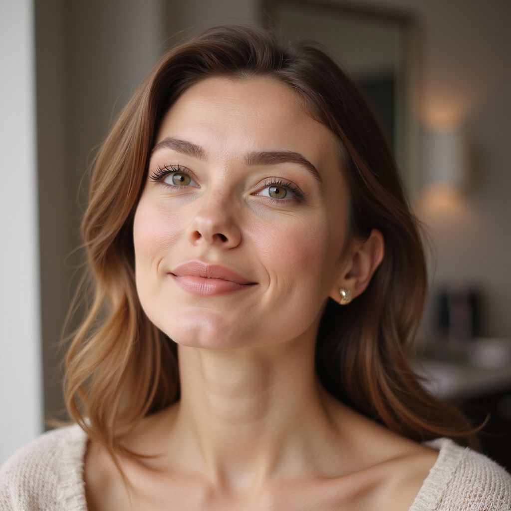 Donna con capelli castani e occhi verdi, sorridente, con orecchini d'oro, in una stanza ben illuminata.
