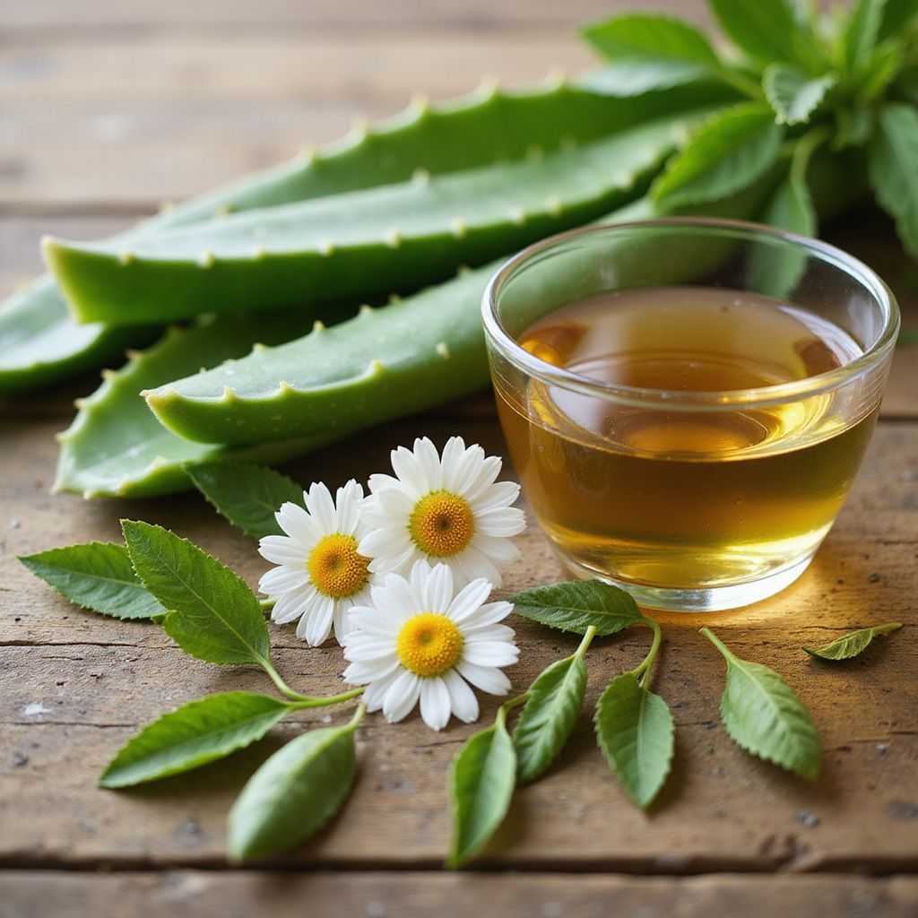 Bicchiere di tè accanto a foglie di aloe vera, fiori di camomilla ed erbe aromatiche su una superficie di legno.