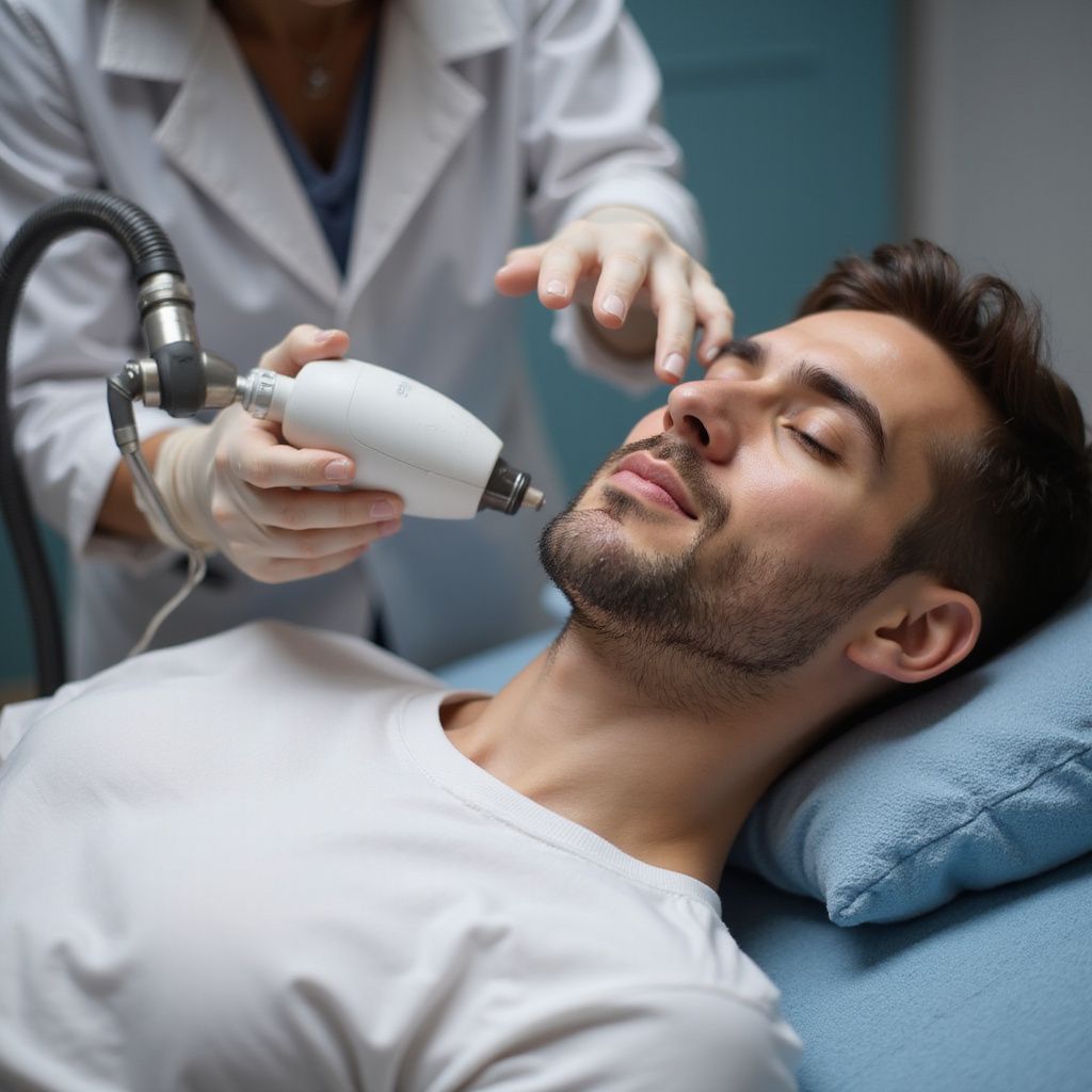 Uomo sottoposto a trattamento laser al viso in clinica. Medico con dispositivo di supporto, camice bianco, cuscino blu.