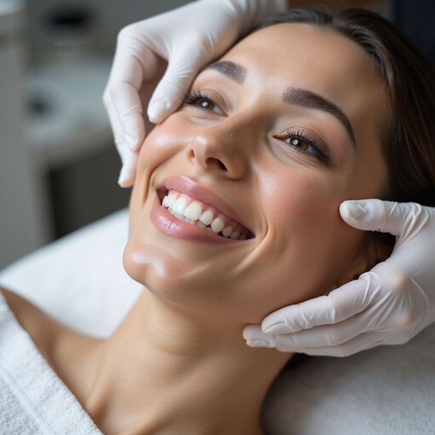 Donna che si sottopone a un trattamento per il viso, con le mani in guanti bianchi che le toccano il viso, sorridente in una stanza luminosa.