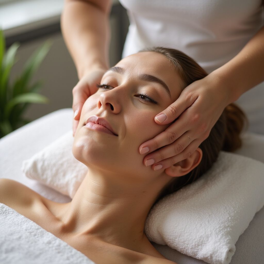 Donna che riceve un massaggio al viso, sdraiata su un lettino da spa.