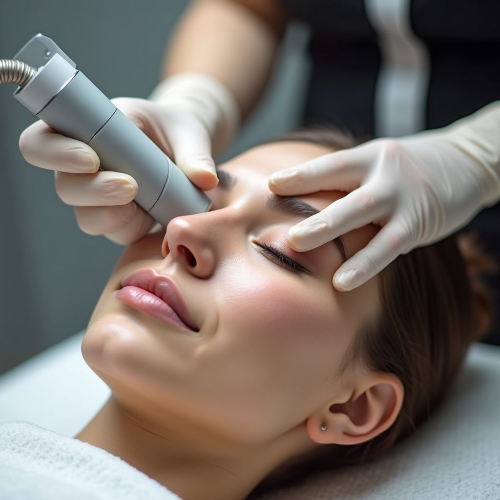 Donna che riceve un trattamento viso con un dispositivo portatile nella zona degli occhi. Mani della persona che indossa i guanti.