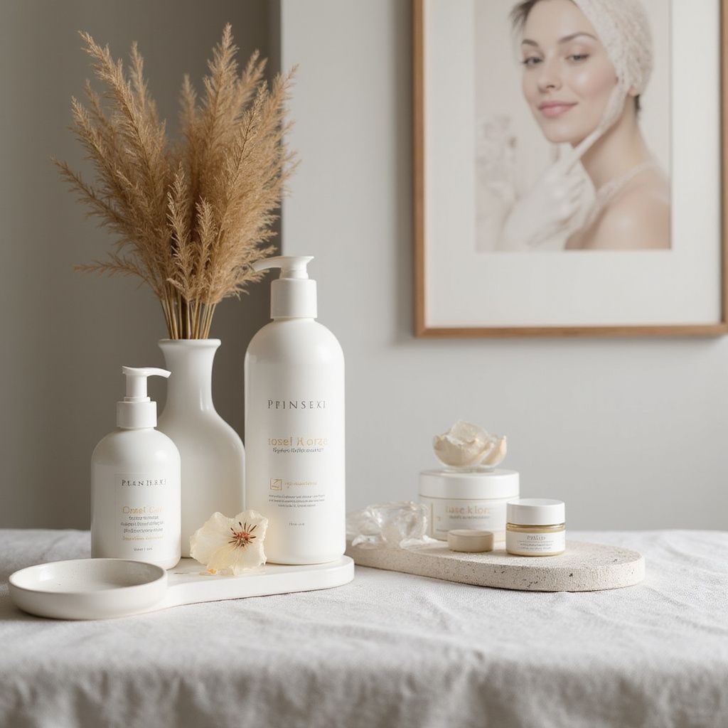 Prodotti per la cura della pelle bianchi e fiori secchi su un tavolo bianco, con un ritratto di donna incorniciato sullo sfondo.