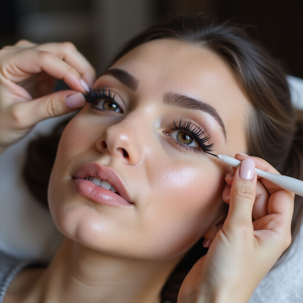 Primo piano di una donna che si fa applicare le extension alle ciglia in un salone.