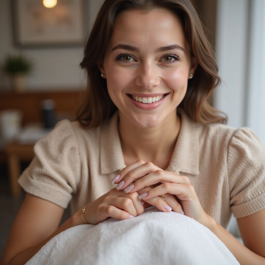 Donna con le mani giunte, sorridente, seduta a un tavolo con un asciugamano. Abiti e sfondo chiari.
