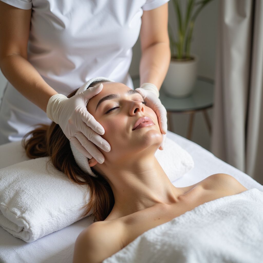 Donna che riceve un massaggio facciale in una spa. La terapista indossa guanti e uniforme bianca. Luci soffuse.