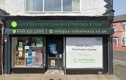 Pharmacy with sign: 24-7 Prescription Collection, Pharmacy, Clinic. Offers local vaccination. Phone number and email displayed.