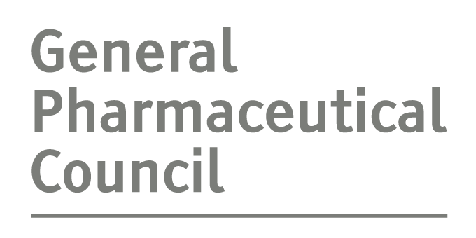 The logo for the general pharmaceutical council is gray and white.
