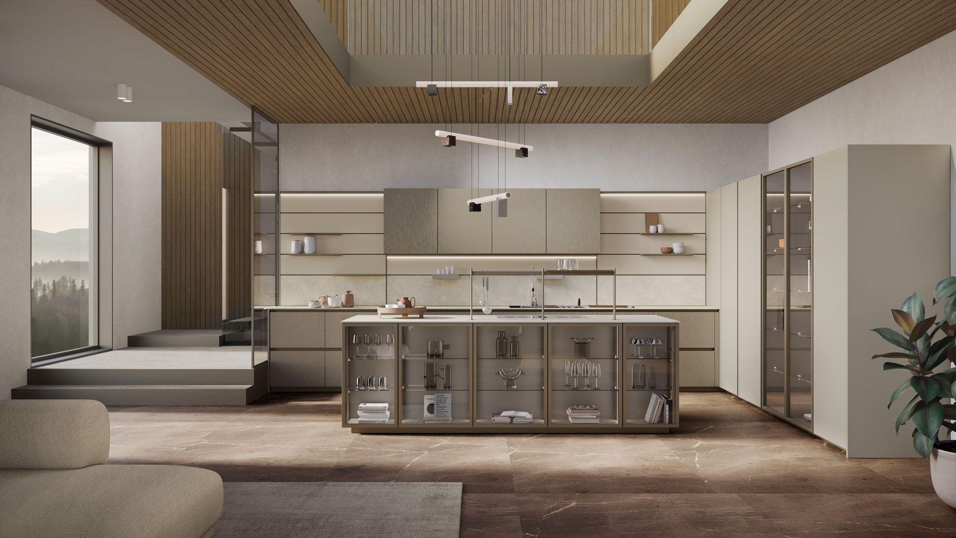 Una cucina con una grande isola al centro della stanza.