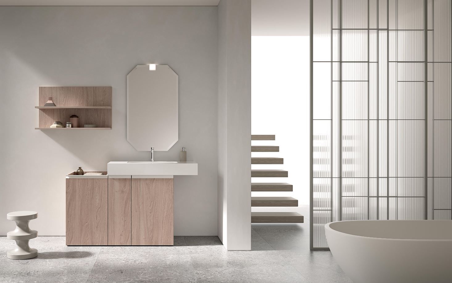 Un bagno con lavandino, vasca, specchio e scale.