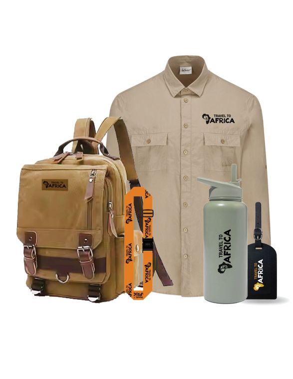 A picture of a shirt , backpack , water bottle and luggage tag.