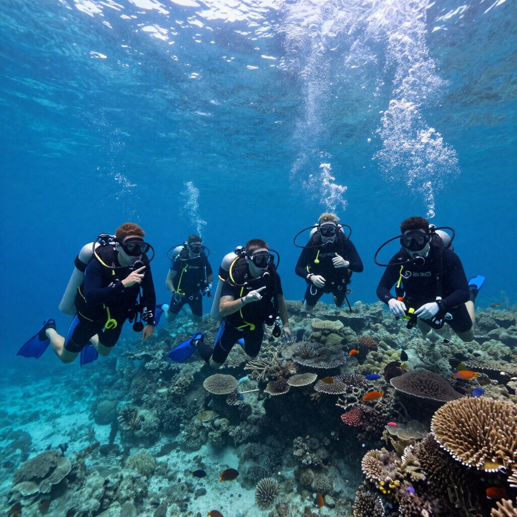 Buzos con equipo de buceo sobre un arrecife de coral, con burbujas elevándose en el agua azul.