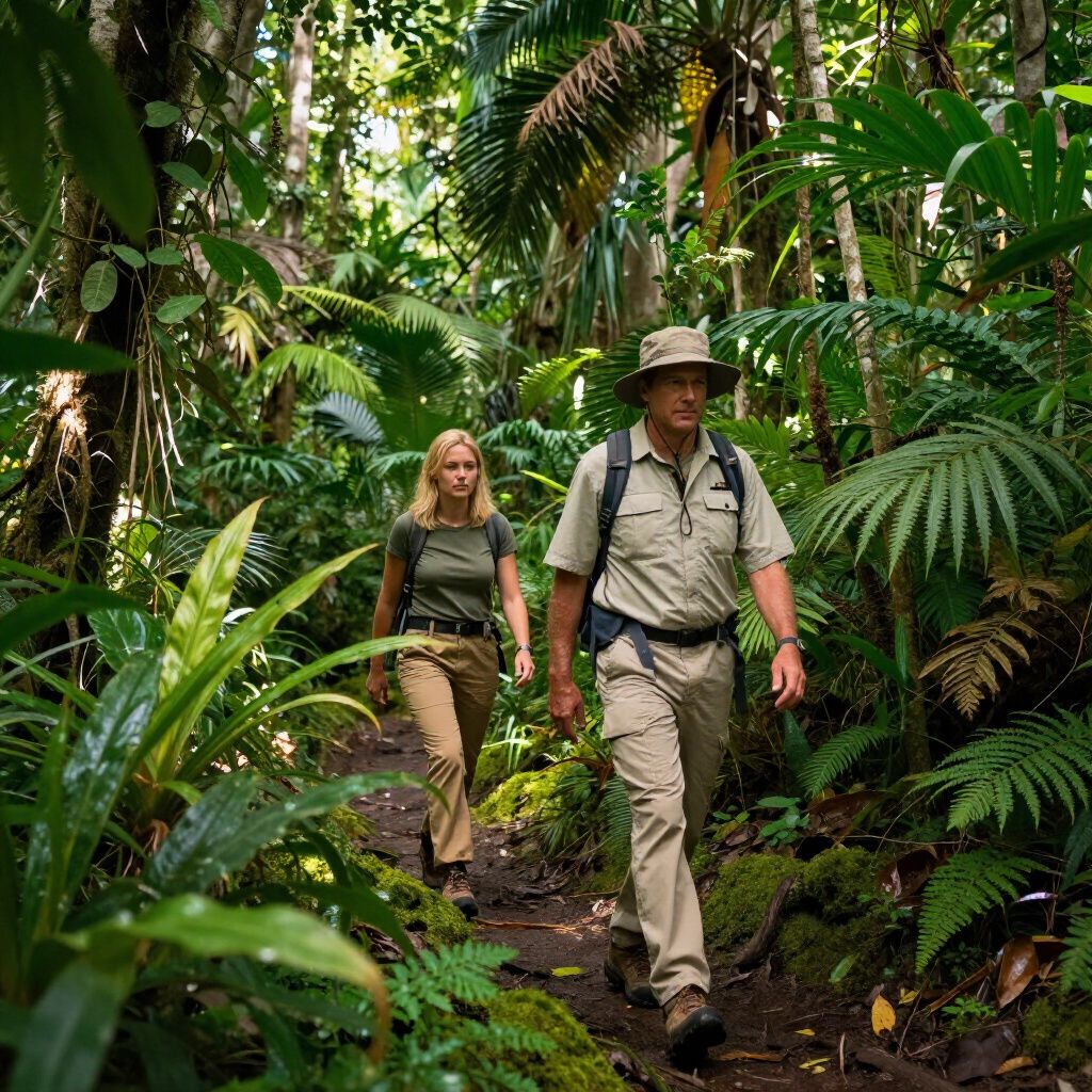 Dos personas caminando por un exuberante bosque verde en un camino de tierra.
