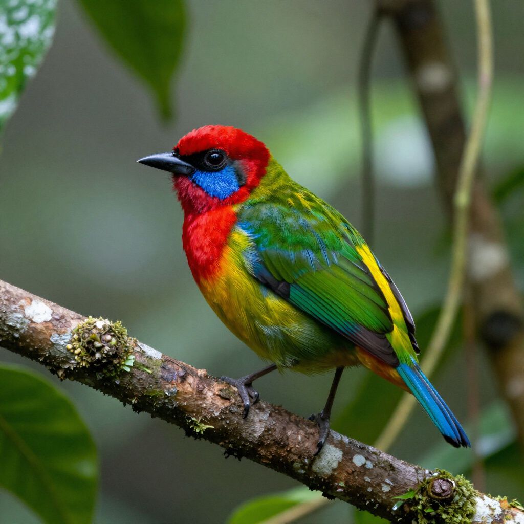Tangara colorida con cabeza roja, garganta azul, posada en una rama cubierta de musgo.