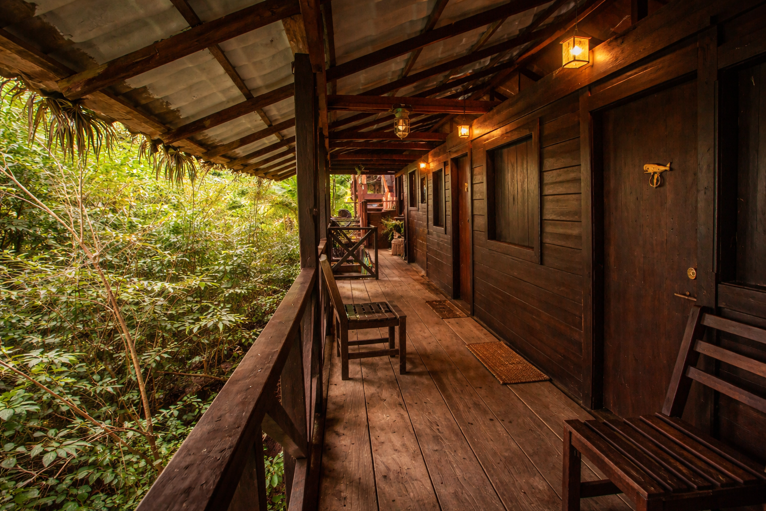 Pasarela de madera de un albergue en la jungla con habitaciones, iluminadas por luces cálidas, con vista a un exuberante follaje verde.