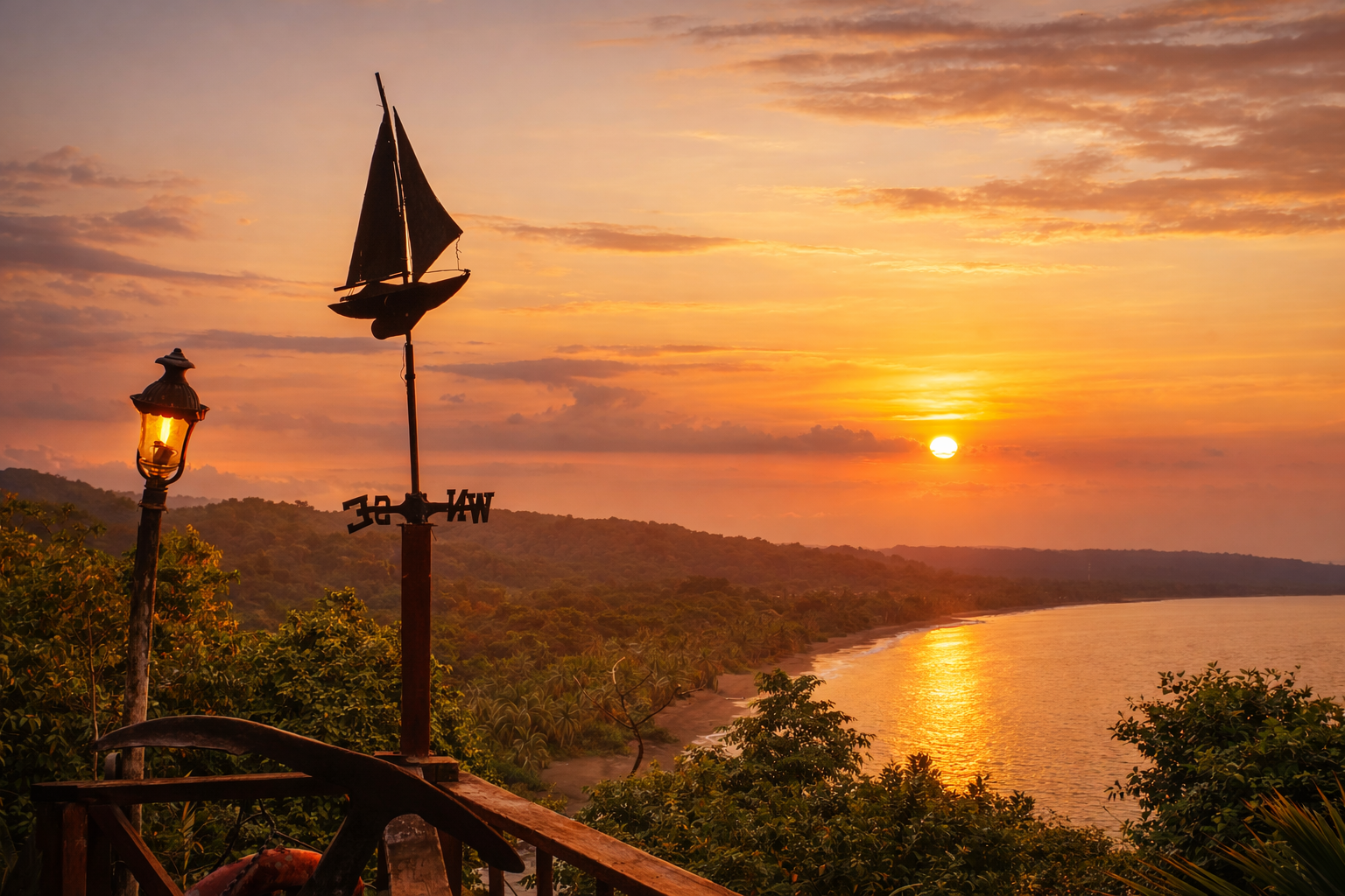 Atardecer sobre la costa. Una veleta decorativa y una farola aparecen en primer plano.