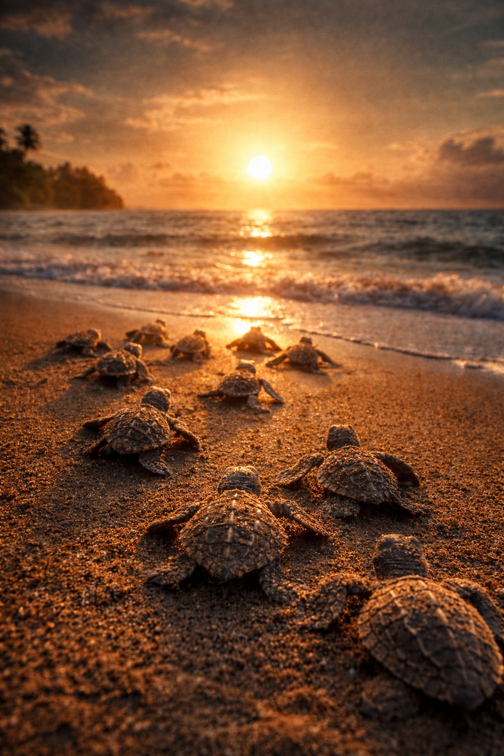 Tortugas marinas bebés arrastrándose hacia el océano en una playa de arena al atardecer.