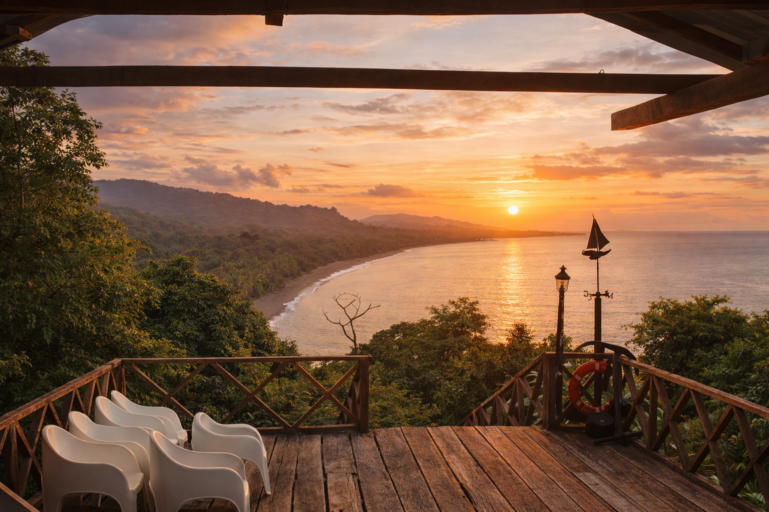 Deck de madera con vistas a la playa al atardecer, con sillas y arboles.