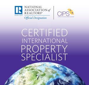Logo for Certified International Property Specialist (CIPS), with globe background and NAR and CIPS logos at top.