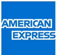 The american express logo is blue and white on a white background.