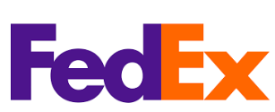 The fedex logo is purple and orange on a white background