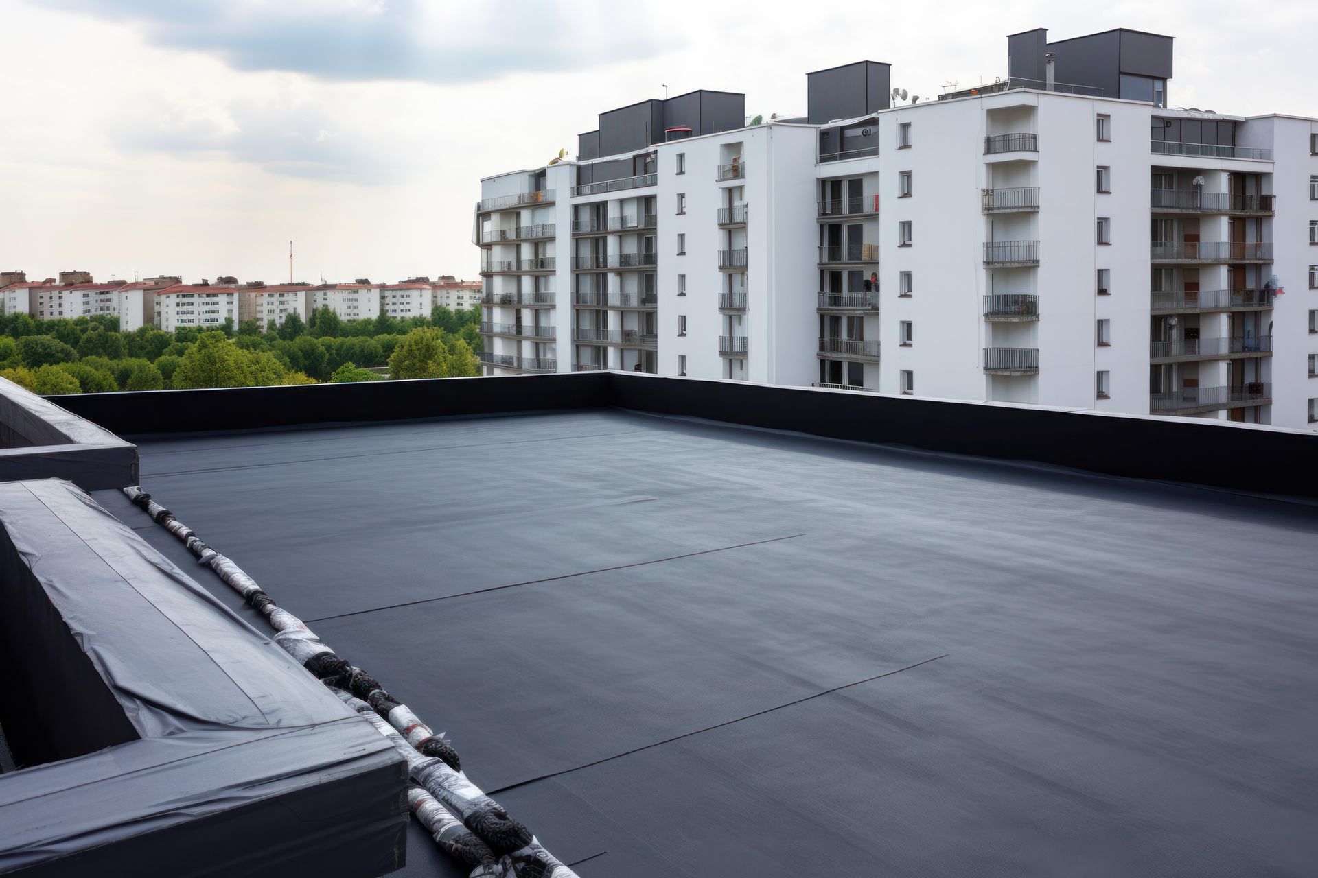 Flat black roof of a building with apartment complex in the background under a cloudy sky.