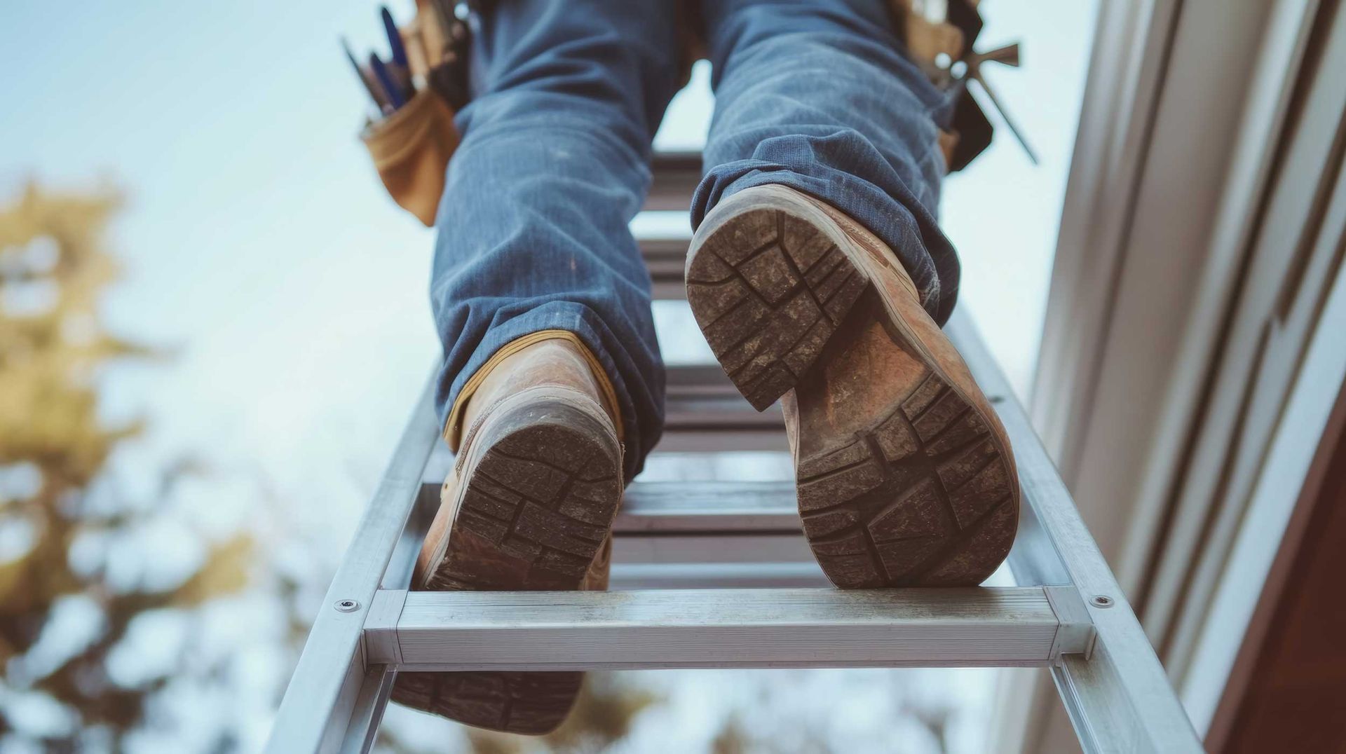Worker climbing on a ladder, wearing work boots and a tool belt while working on a house roof.