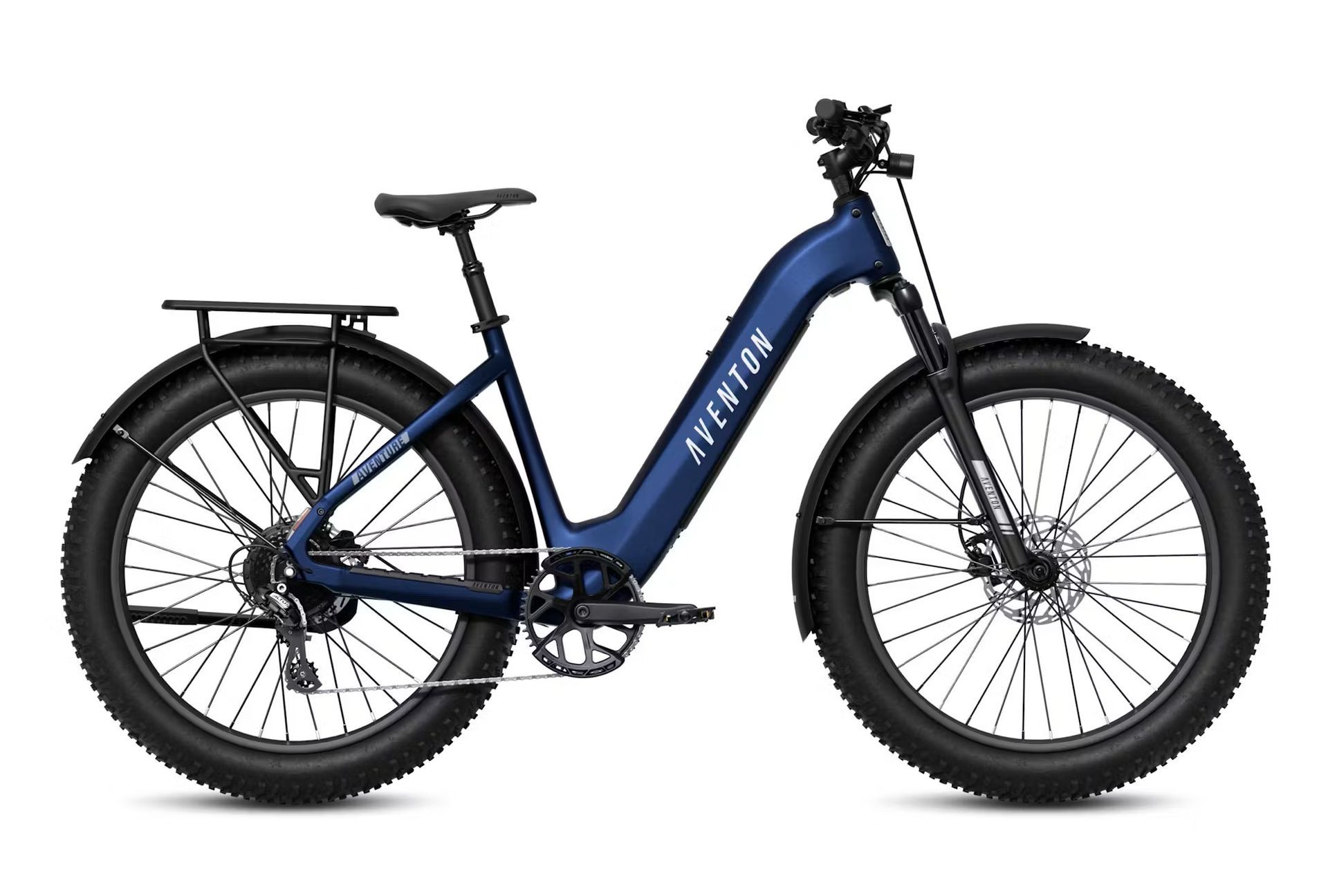 Blue Aventon electric fat-tire bike with a rack and fenders.
