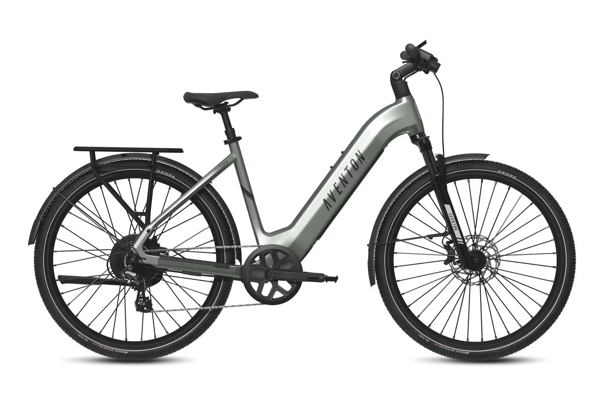Gray Aventon electric bicycle with black tires, fenders, and rack.