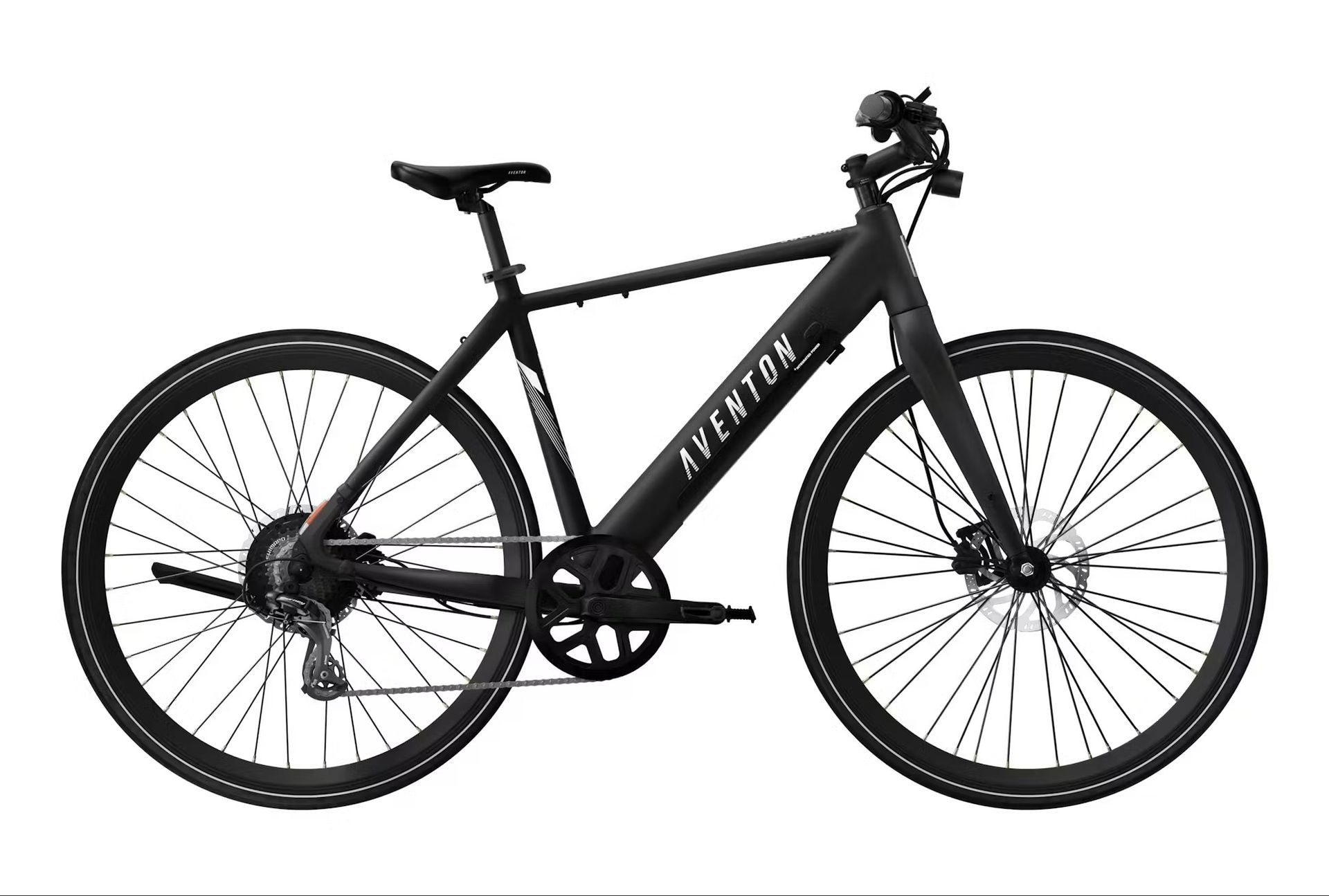 Black Aventon e-bike with black tires, frame, and components on a white background.