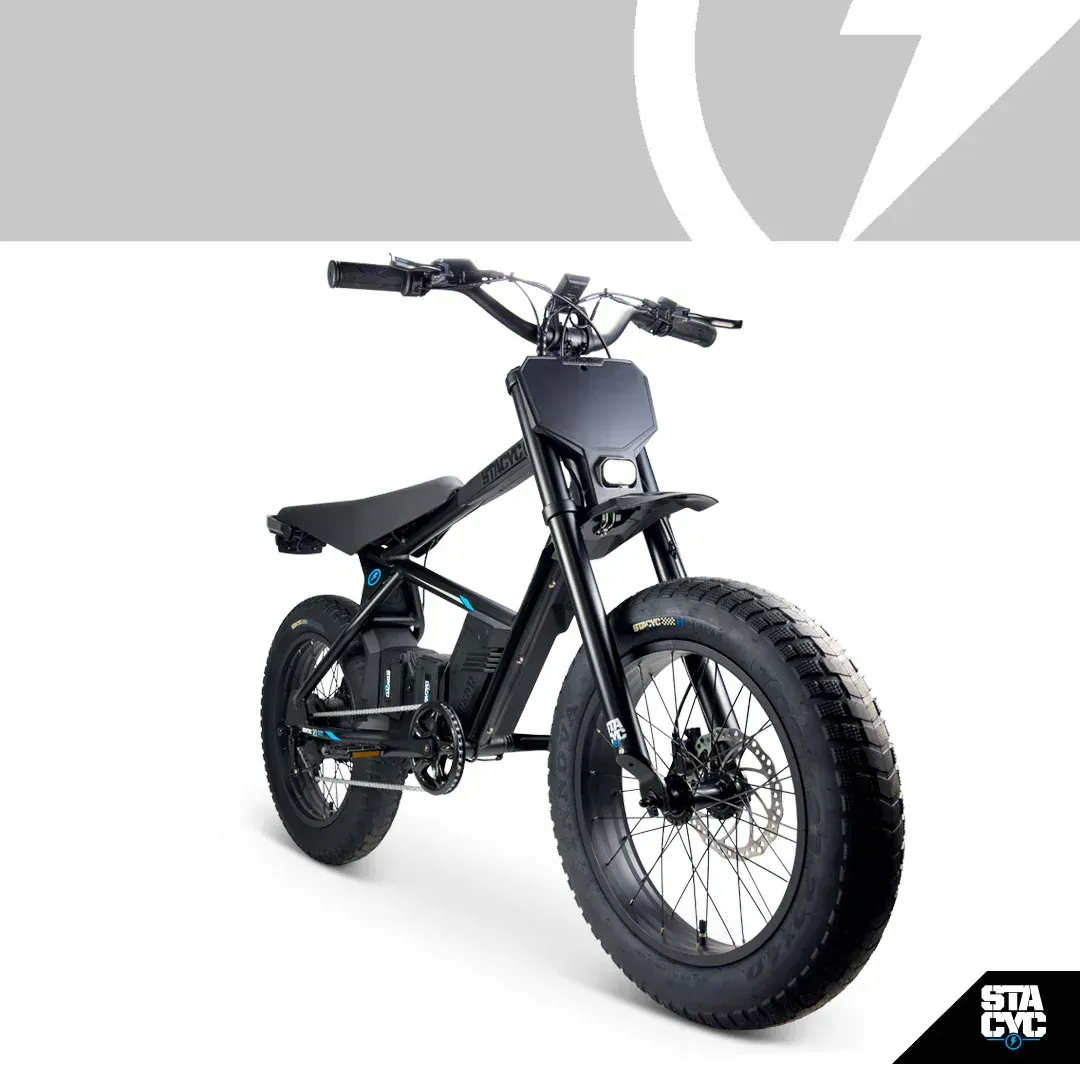 Black STA CYC electric bike with thick tires on a white background.