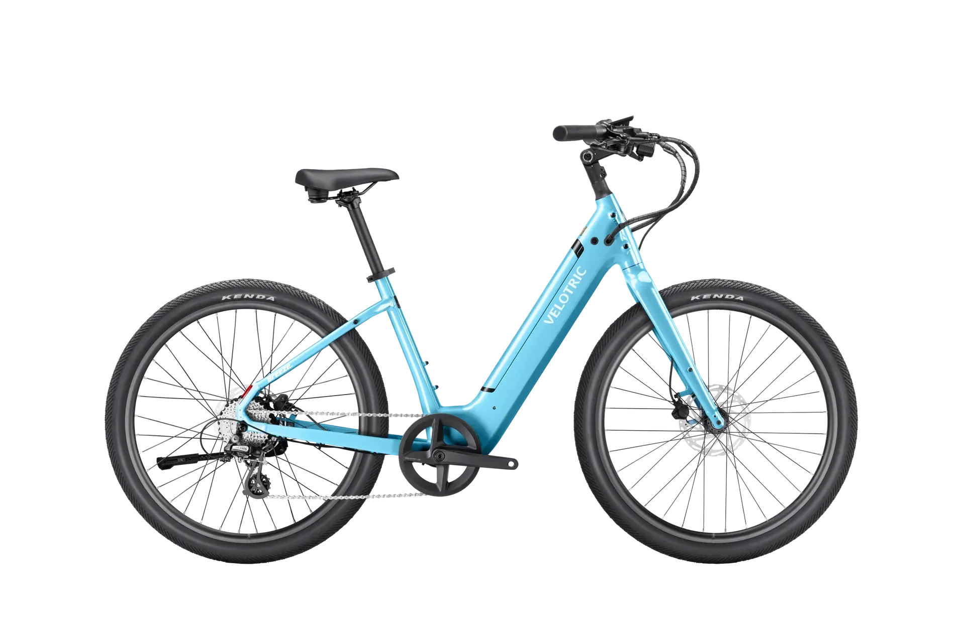Blue electric bicycle with black tires and components.