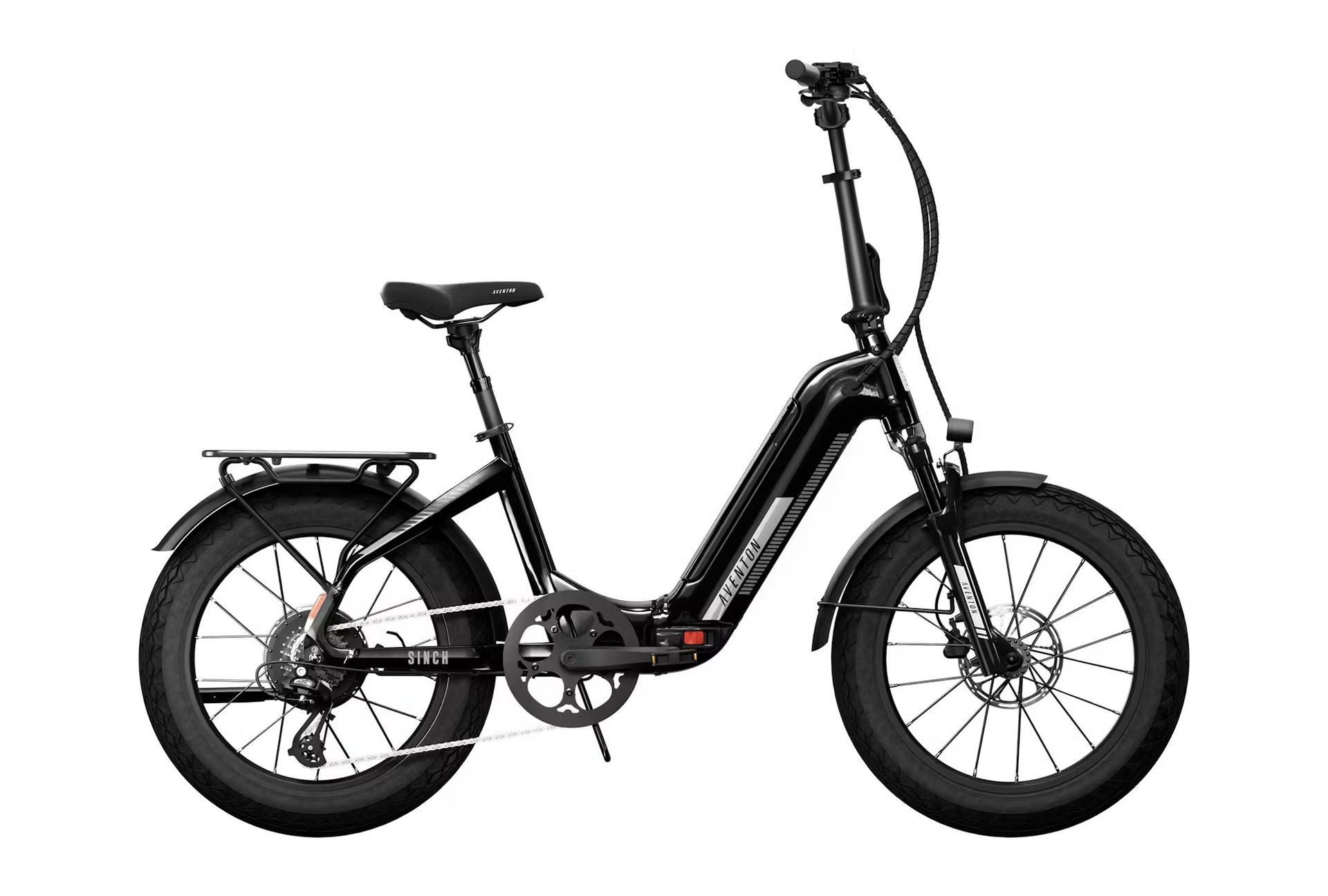 Black folding electric bicycle with disc brakes and rear rack.